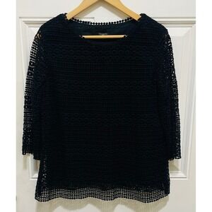 Talbots Petites Black Crochet Lace Top Blouse 3/4 Sleeve Elegant‎